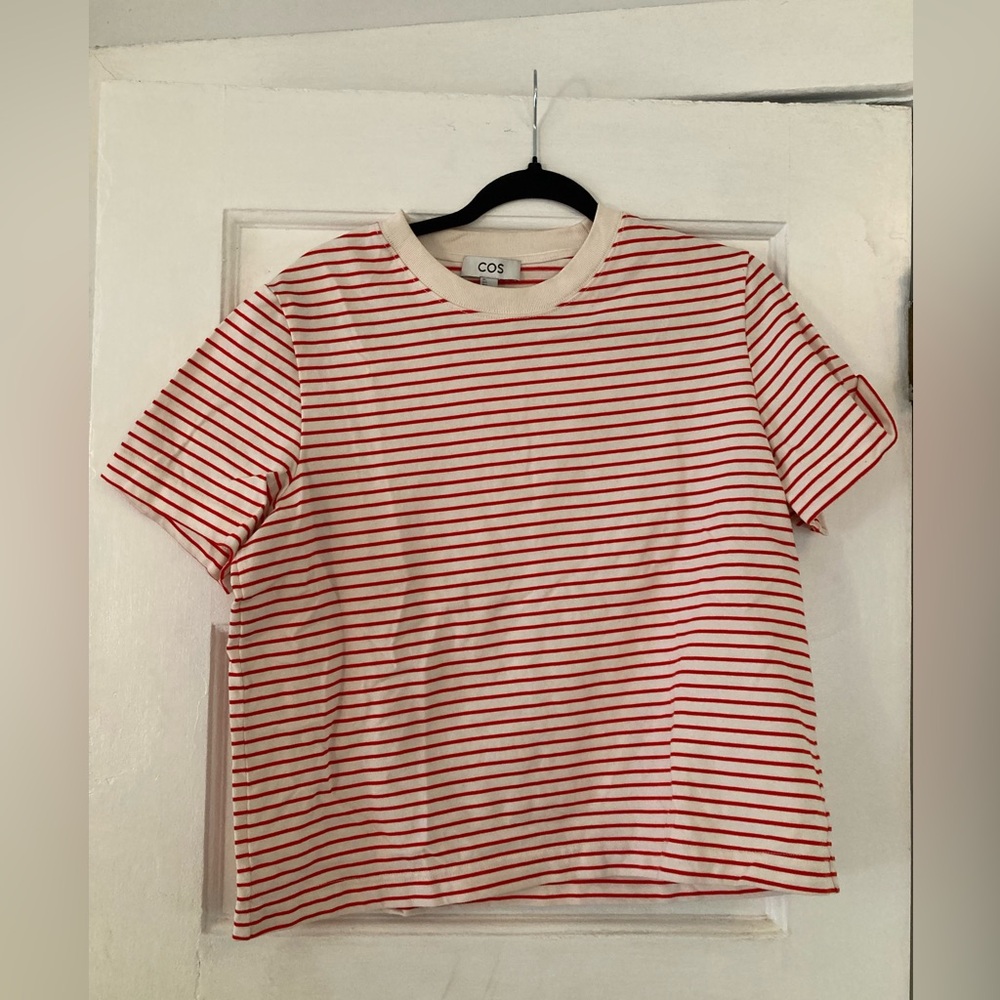 COS White and Red Striped Short Sleeve Top